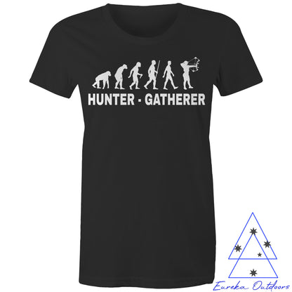 Hunter Gatherer - Bowhunting. AS Color 100% cotton womens maple tee. Now with female model.