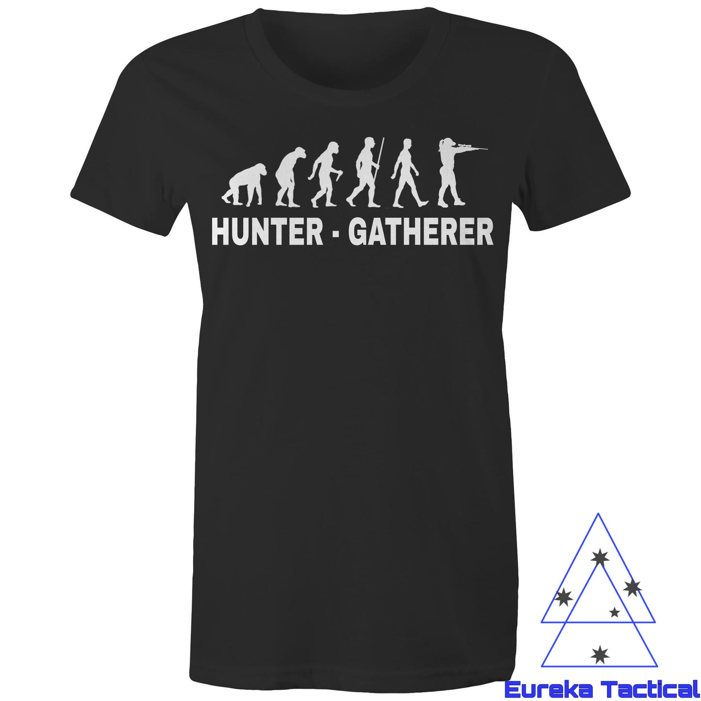 Hunter Gatherer - Firearms. AS Color 100% cotton women's maple tee. Now with female model
