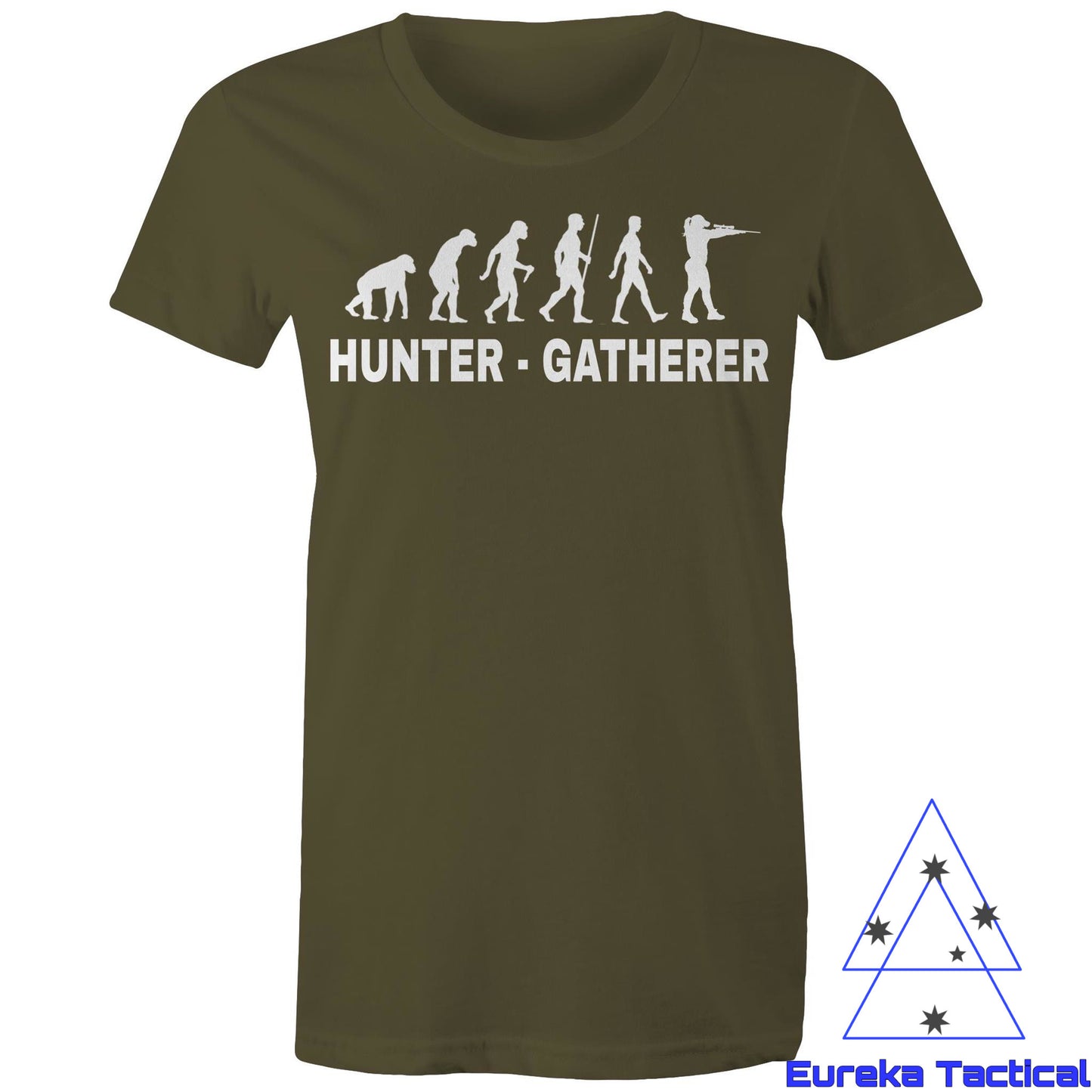 Hunter Gatherer - Firearms. AS Color 100% cotton women's maple tee. Now with female model